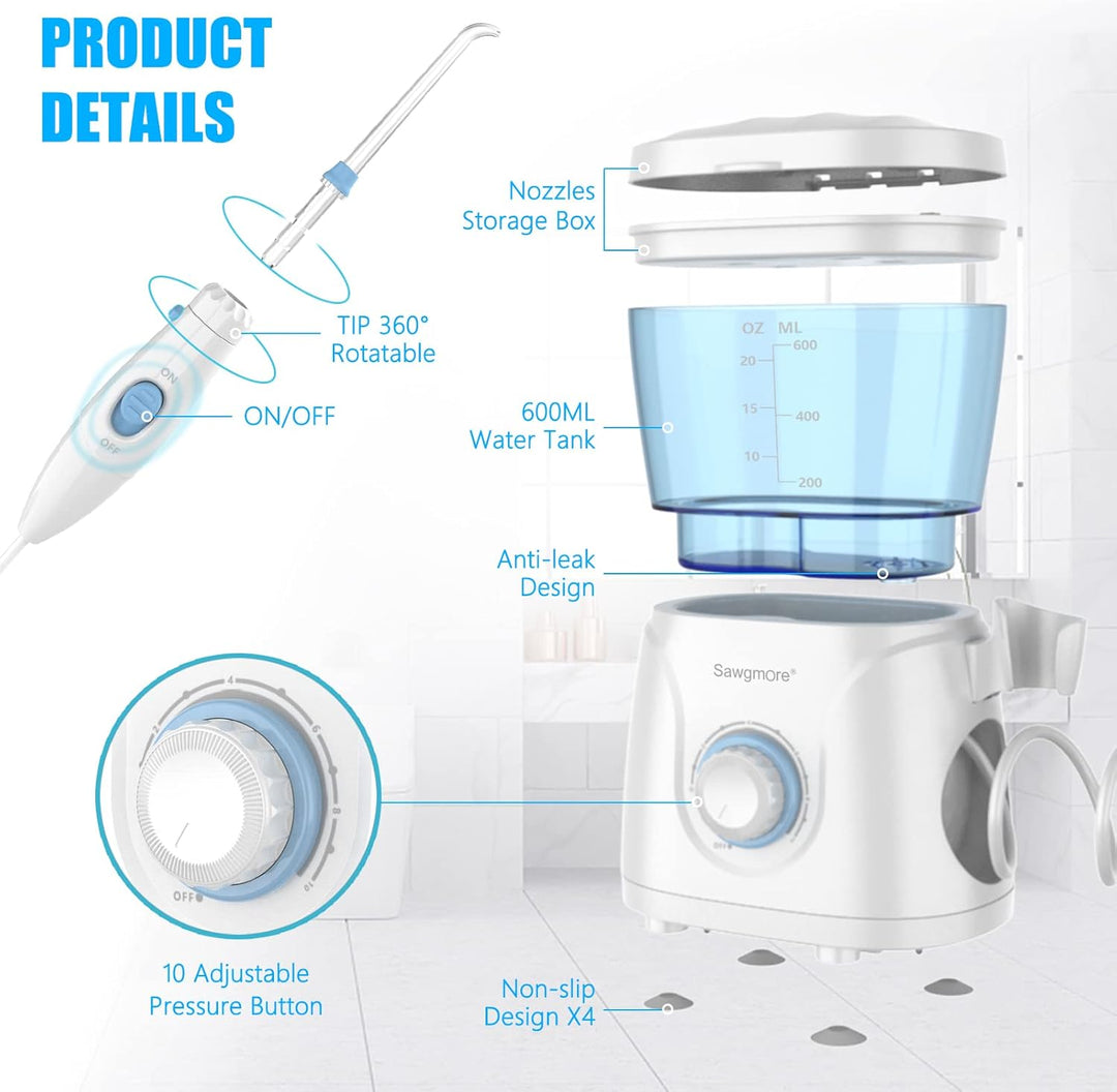 Sawgmore Elektrische Munddusche mit 10 Druckstufen und 8 Düsen，Professional Waterflosser für Zanrein