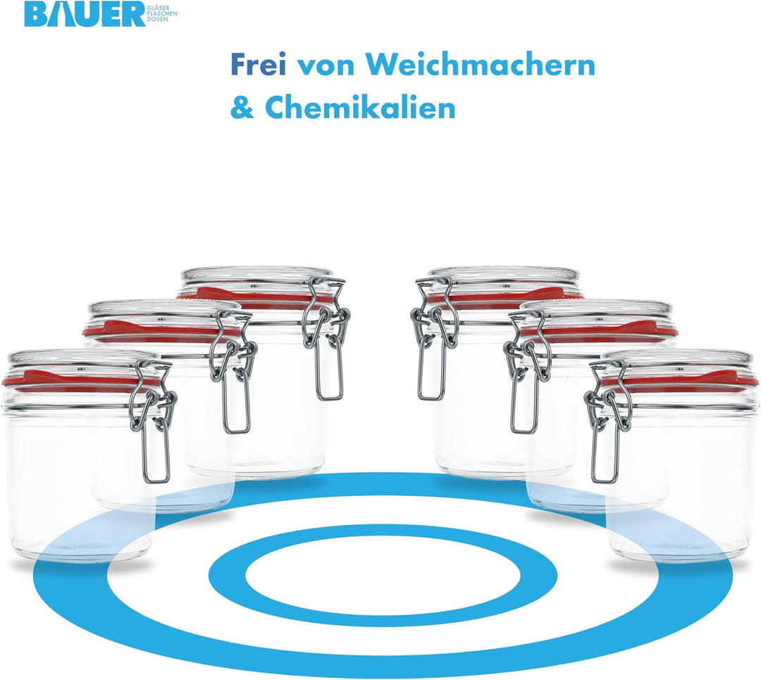 Flaschenbauer - 6er Set Drahtbügelgläser 530ml - Vorratsglas mit Dichtungsringen inkl. Etiketten, Ei