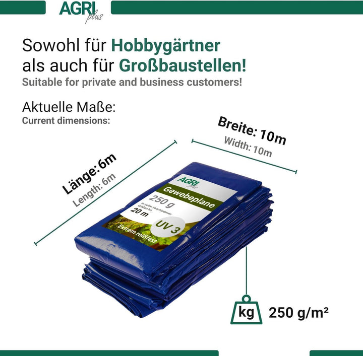 AGRI plus Gewebeplane mit Ösen I 6 x 10 m I Verschiedene Grössen I 250 g/m² Folienstärke I Stabile &amp;