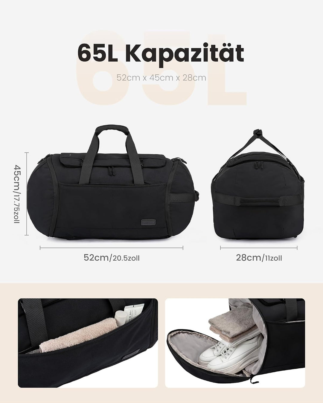 LOVEVOOK Reisetasche Sporttasche Rucksack Gross, 65L Handgepäck Rucksack mit Schuhfach Nassfach, Rei