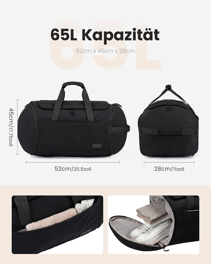 LOVEVOOK Reisetasche Sporttasche Rucksack Gross, 65L Handgepäck Rucksack mit Schuhfach Nassfach, Rei