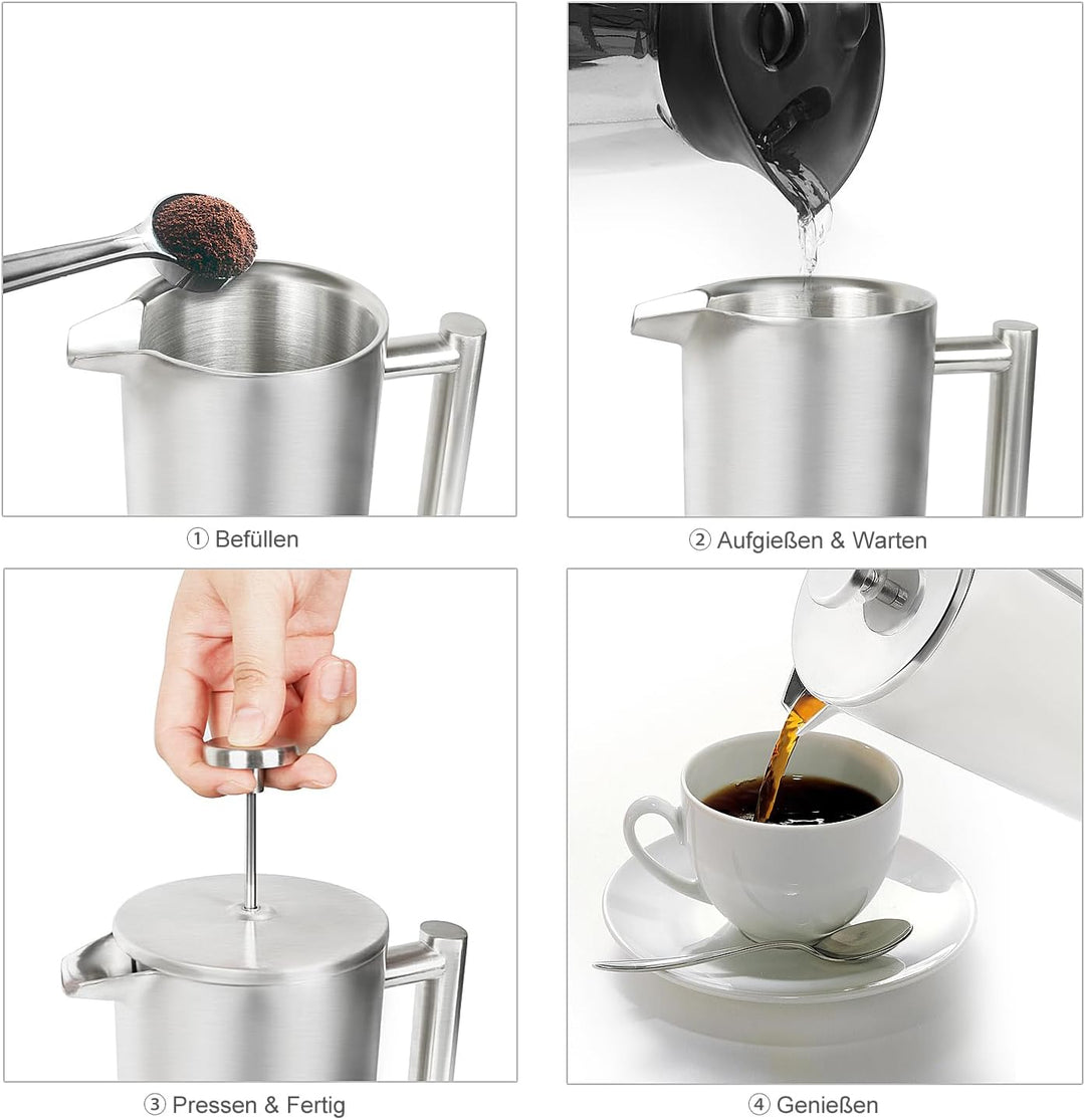 Kaffeebereiter, French Press 1000ML mit 5 Ersatzfilter und 1 Löffel, Doppelwandige Edelstahl Kaffeek