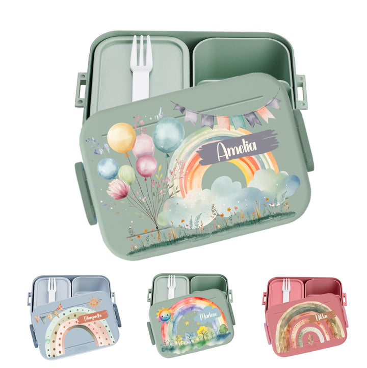 Personalisierte Mepal Brotdose Kinder mit Fächern und Namen - Regenbogen Motive Lunchbox für Schule
