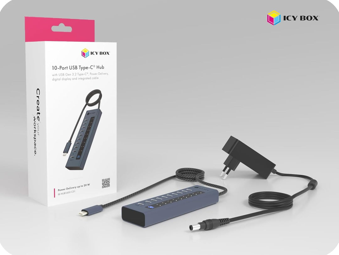 ICY Box 10-Port USB-C Hub, 9X USB 3.2 Gen 2 (10 Gbit/s), 1x USB-C Power Delivery 20 W, Aluminiumgehä
