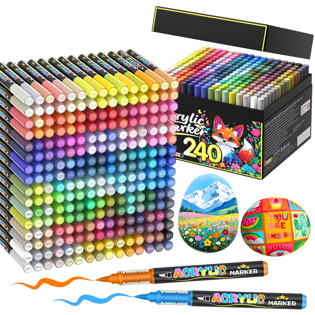Lyuvie 240 Farben Acrylstifte für Steine WasserfestSet, Permanente Acrylic Paint Brush Marker Acryls