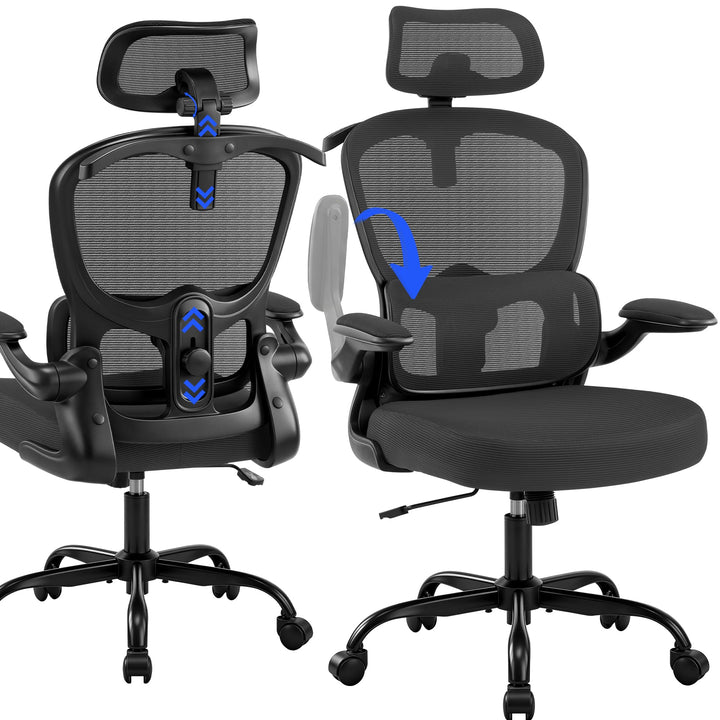 Bürostuhl Ergonomisch mit Kopfstütze, Verstellbarer Lendenwirbelstütze &amp; Netzbespannung, Höhenverste