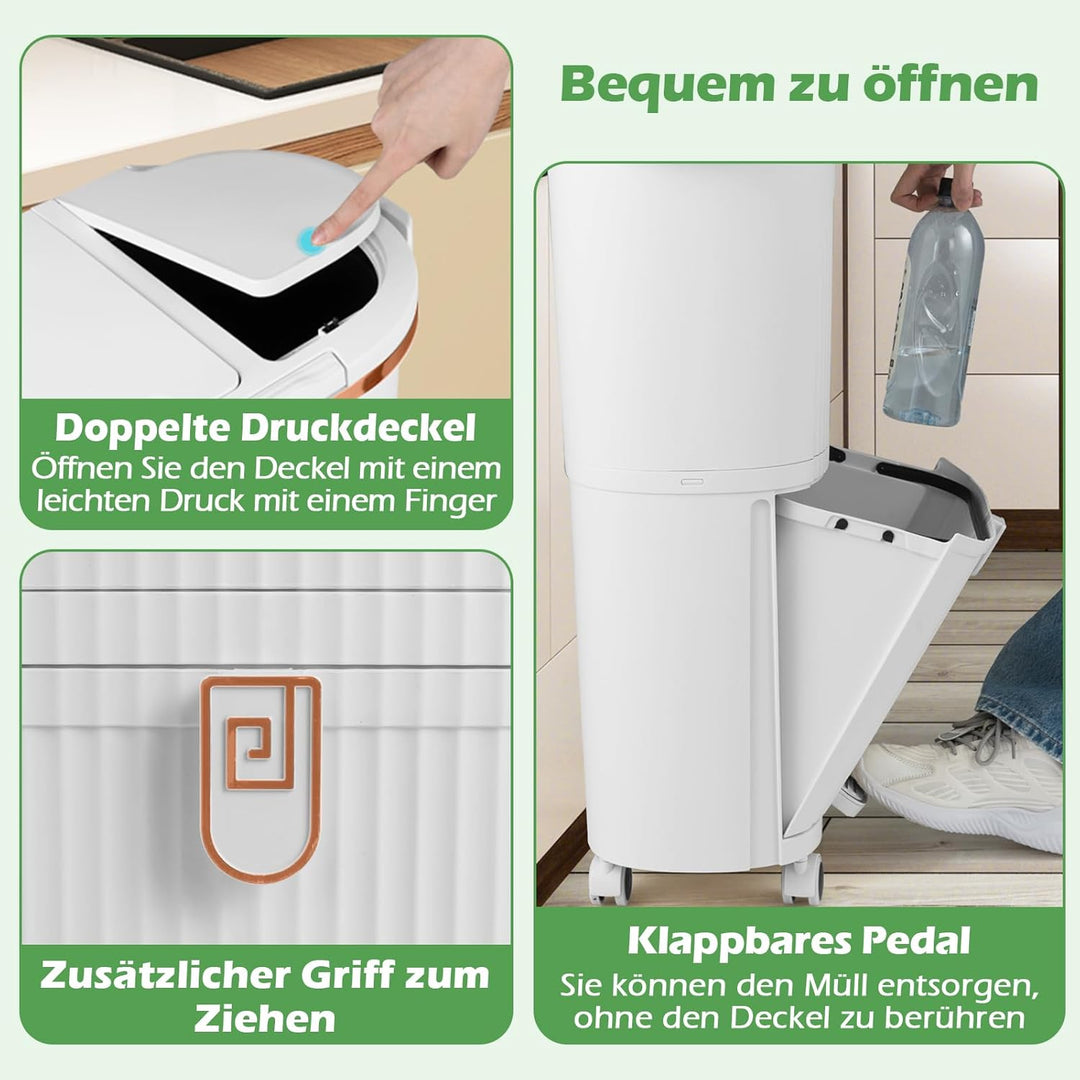 COSTWAY Mülleimer Küche, Mülltrennsystem 3 Fächer, 2 x 12L Inneneimer & 14L Treteimer, Abfalleimer m