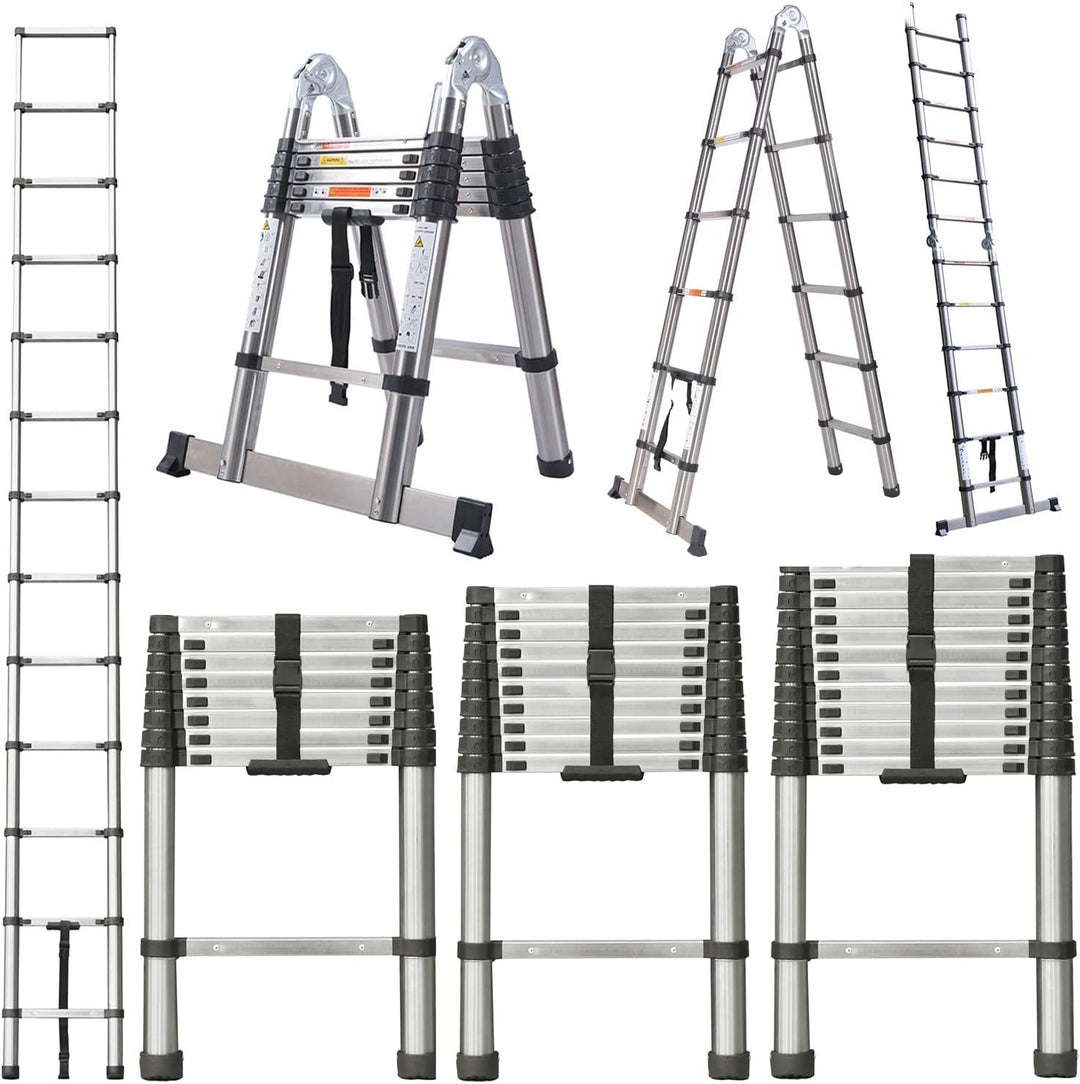 Teleskopleiter 5m Klappleiter Edelstahl Leiter, 2 in 1 Angegeleiter mit Stabilisator, Rutschfester S
