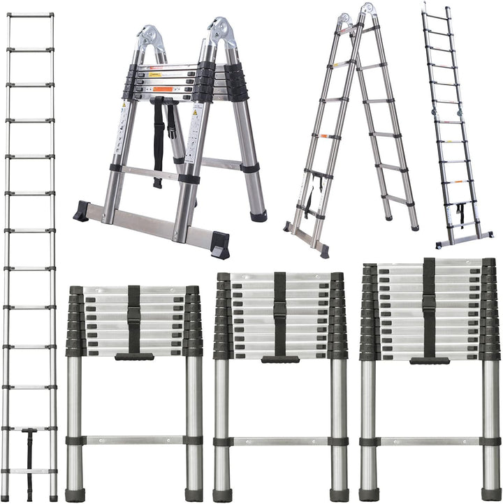 Teleskopleiter 5m Klappleiter Edelstahl Leiter, 2 in 1 Angegeleiter mit Stabilisator, Rutschfester S
