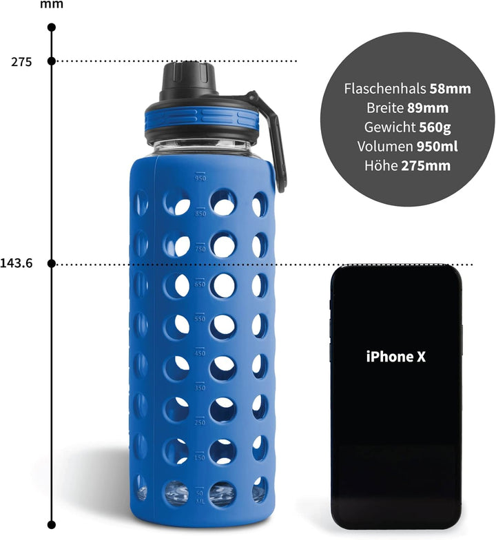 hydro2go® Trinkflasche aus Glas mit Silikonhülle 950 ml - spülmaschinenfest | 2 auswechselbare Decke