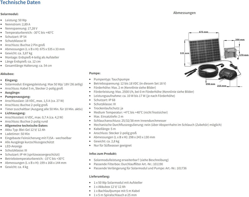 Solar Bachlaufset 50W Solarmodul 2500 l/h mit Akkuspeicher 12V/12Ah Förderleistung 2m Förderhöhe ink