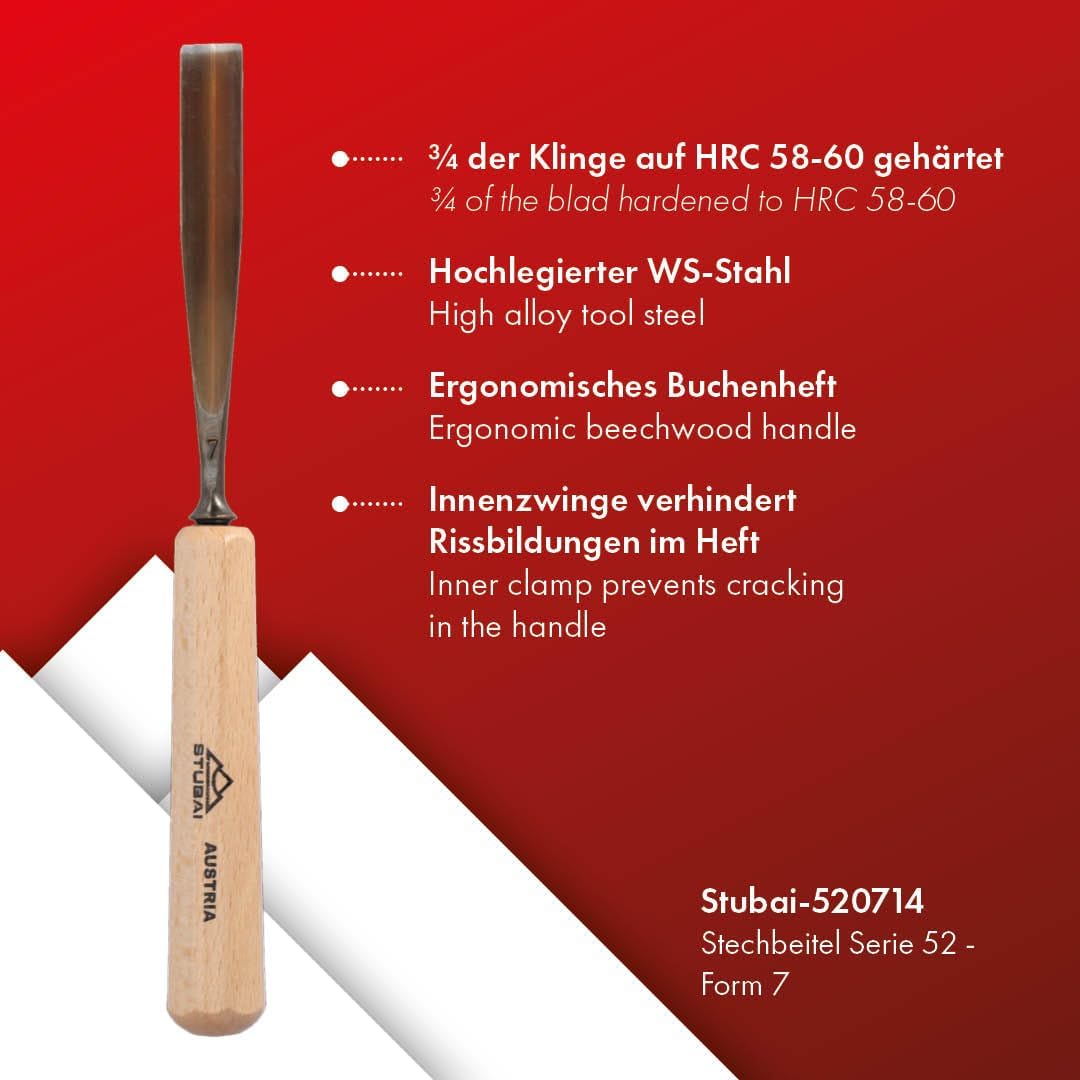 STUBAI Stemmeisen Stechbeitel Serie 52 - Form 7 | Gerades Hohleisen - 14 mm, mit Holzgriff, für Figu