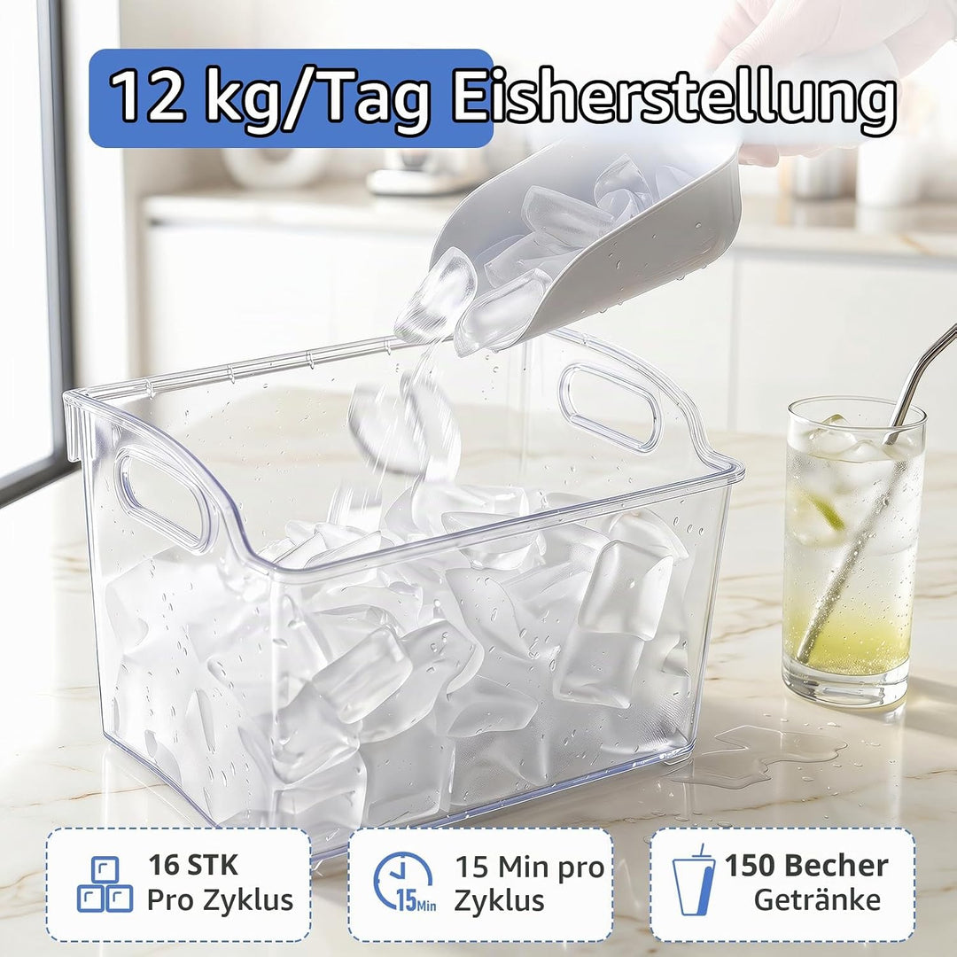 COSTWAY Eiswürfelmaschine für klare Halbmond-Eiswürfel, 12 kg/Tag, | 16 Stück in 15 Min, Eismaschine