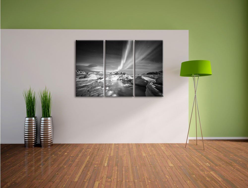 Pixxprint gewaltiges Polarlicht Kunst B&W / 3-Teilig/Gesamtmass 120cm Leinwandbild bespannt auf Holz