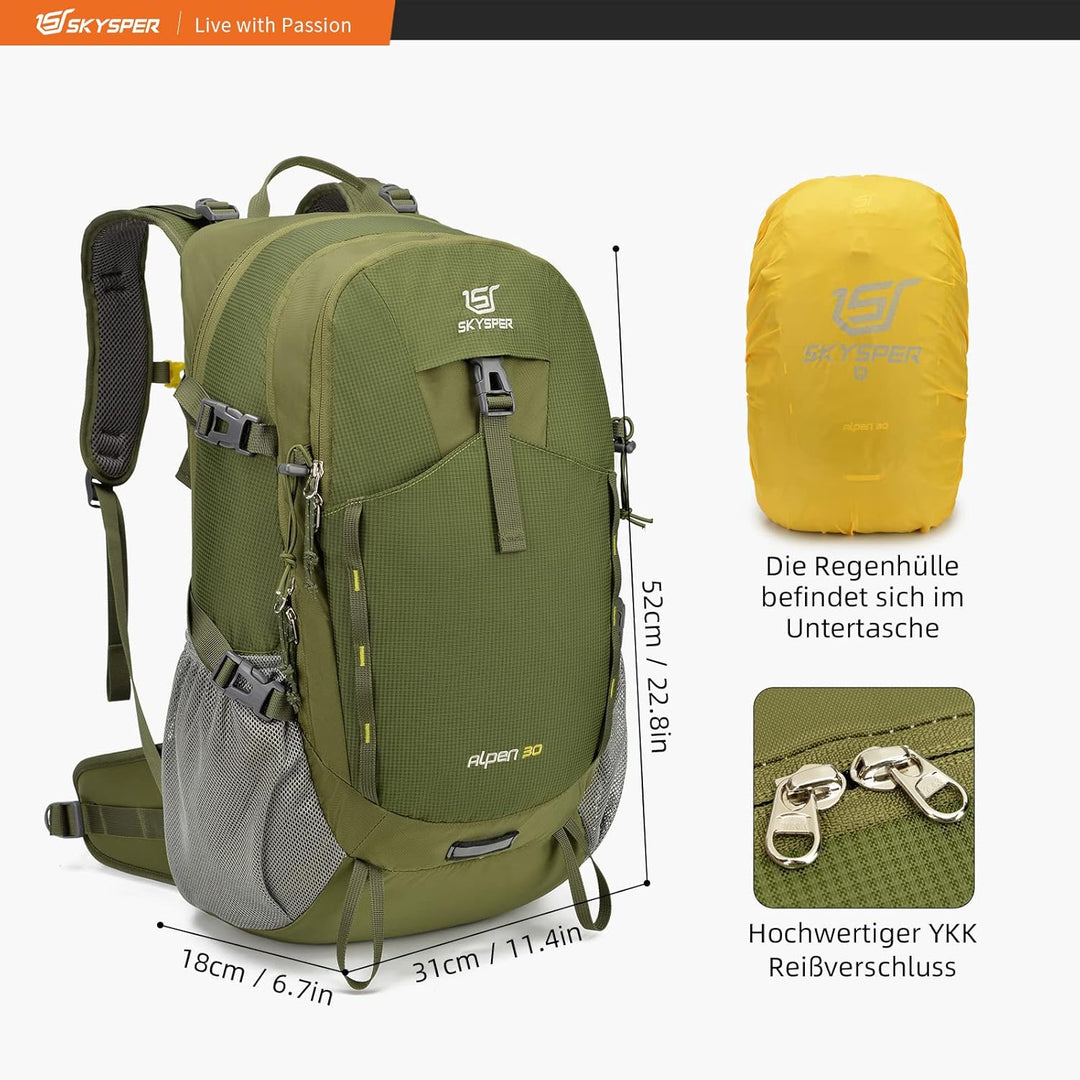SKYSPER Wanderrucksack 30L Trekkingrucksack Wasserfest mit Rückenbelüftung und Netzrücken Tagesausfl