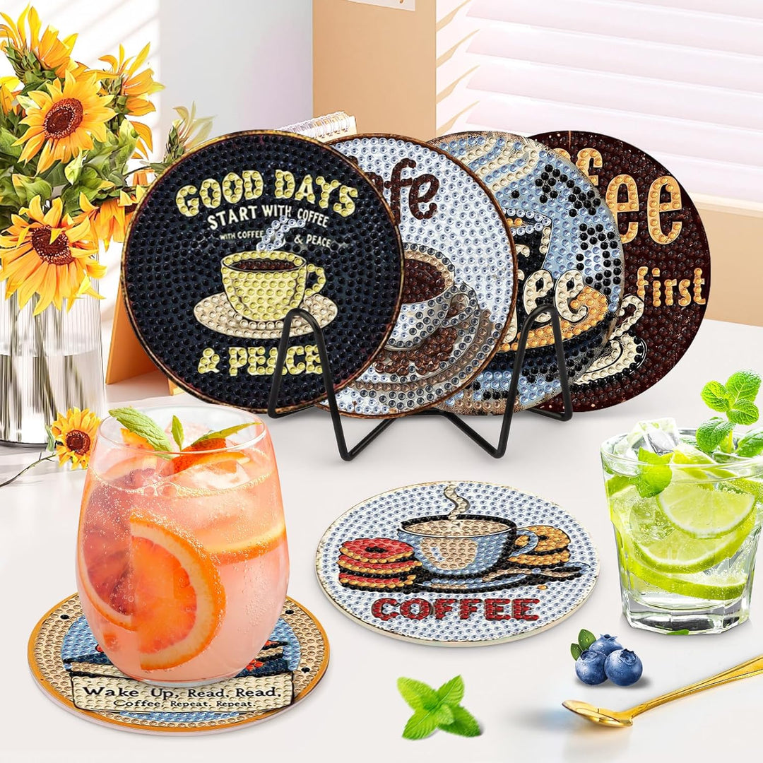 NAIMOER 8 Stück Kaffee Diamond Painting Untersetzer mit Halter, DIY Lowtea Diamant Tassenuntersetzer