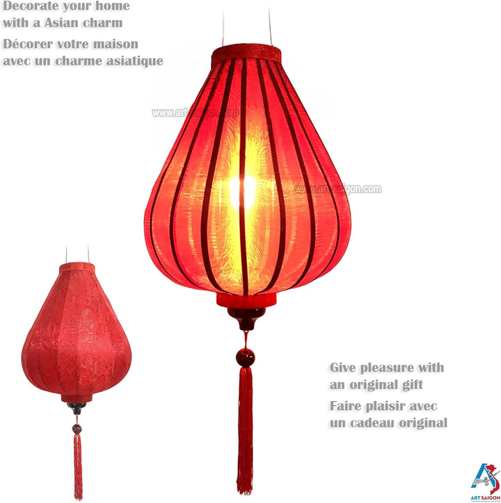 Lampion Asiatische Seide Rot G - Durchmesser Ø 33 cm - Hoi An Laterne aus Stoff, Bambus und Holz - V