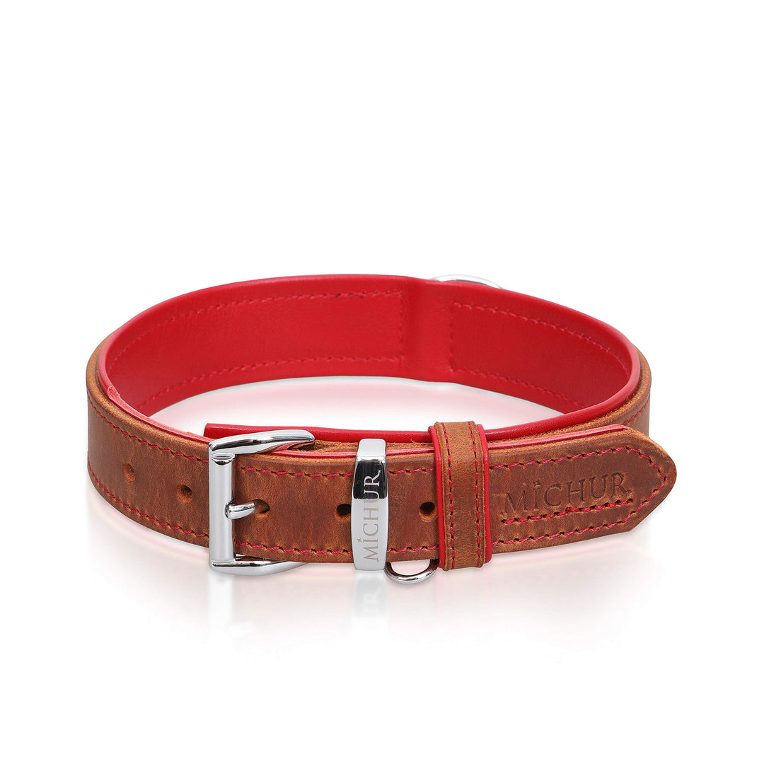 MICHUR Charly Hundehalsband Leder Braun Rot, Lederhalsband Hund, Halsband, Leder, in verschiedenen G