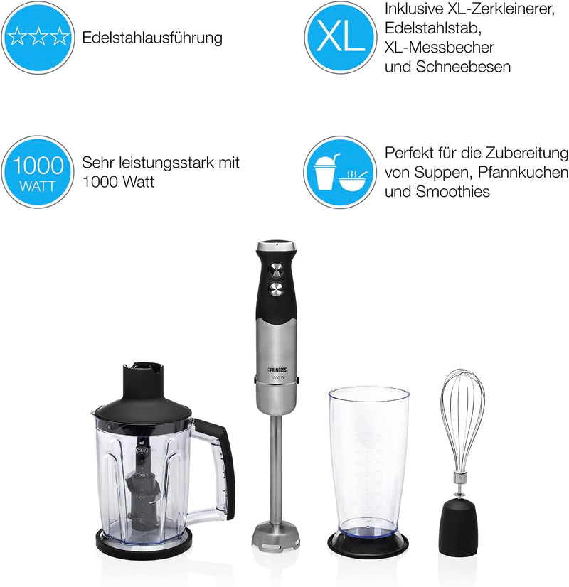 Princess Stabmixer-Set - 1000 Watt, Pürierstab mit 25 cm und 6 Messern, Stufenlose Leistungsregler,