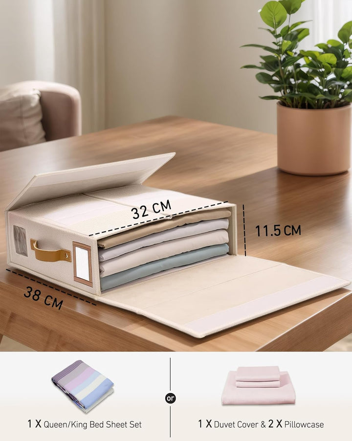 Bubooo3 Linen Bed Sheet Organiser Box, 3 Faltbarer bettwäsche aufbewahrungbox mit Transparentem Fens