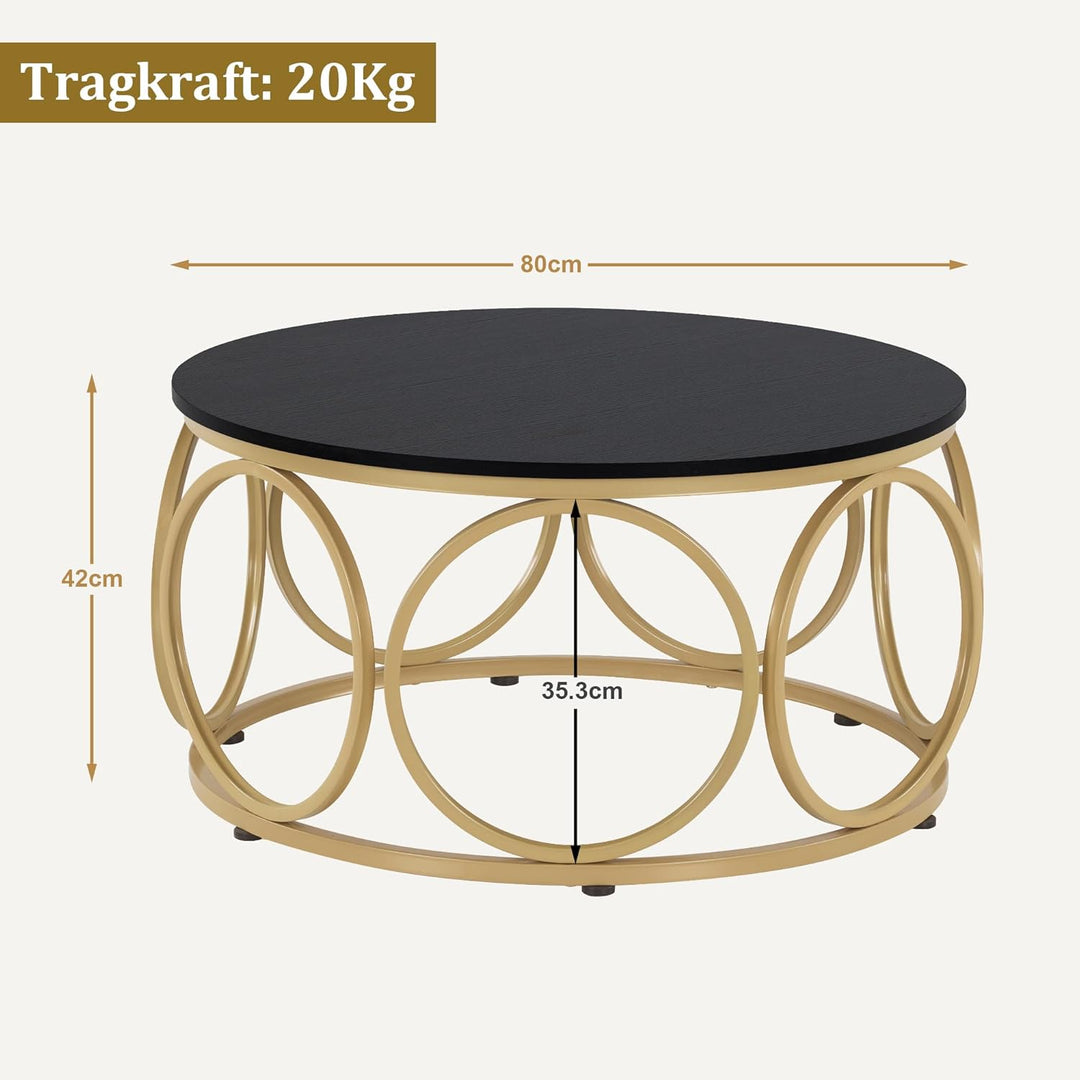 M MCombo Couchtisch Rund Holz, Modern Sofatisch Schwarz-Gold, Klein Kaffeetisch Metallgestell, Beist