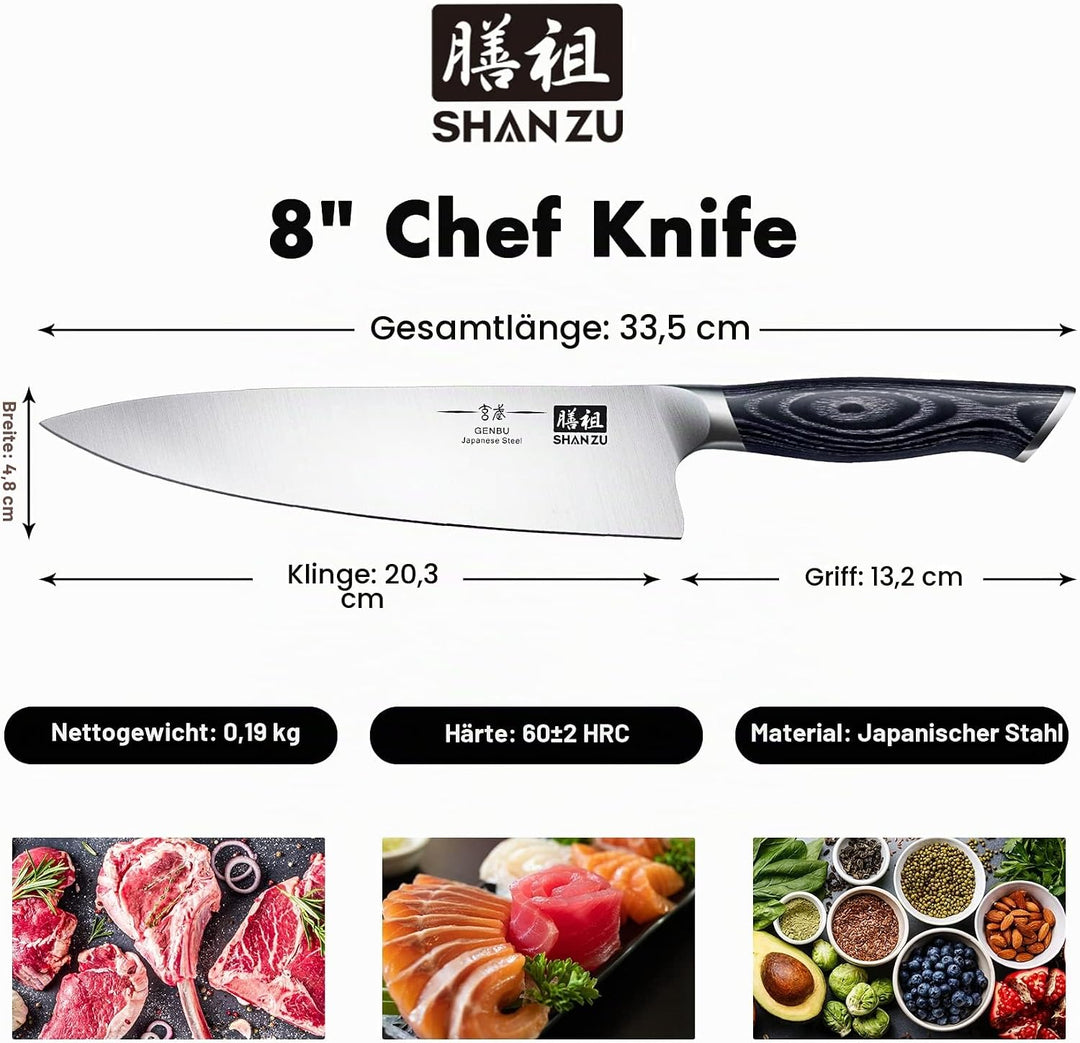 SHAN ZU Kochmesser Küchemesser 20CM Extra Scharfe Profi Messer aus Hochwertigem Carbon Edelstahl Che