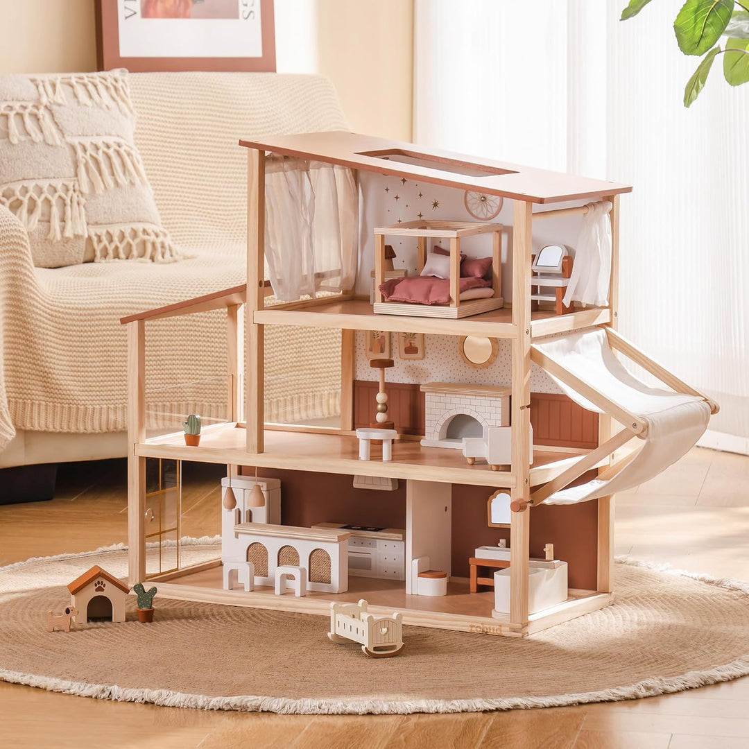 ROBUD Puppenhaus Holz, 3-Stöckiges Böhmischen Stil Puppenhaus mit 37 Zubehör & Möbel, Kinder Spielze