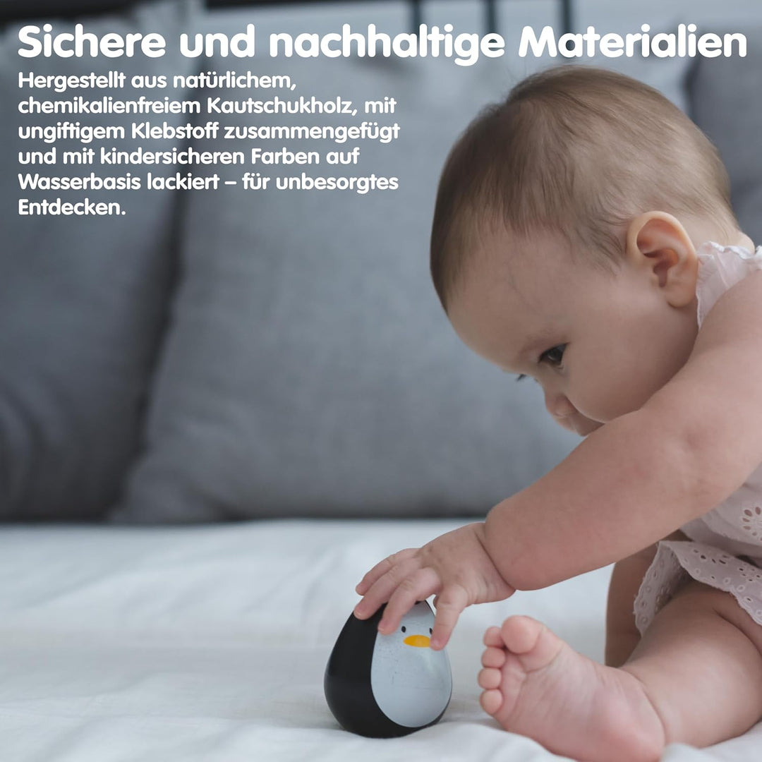 PlanToys® Stehaufmännchen Pinguin Holz | Wackeltier &amp; Greifling für Babys | Montessori-Holzspielzeug