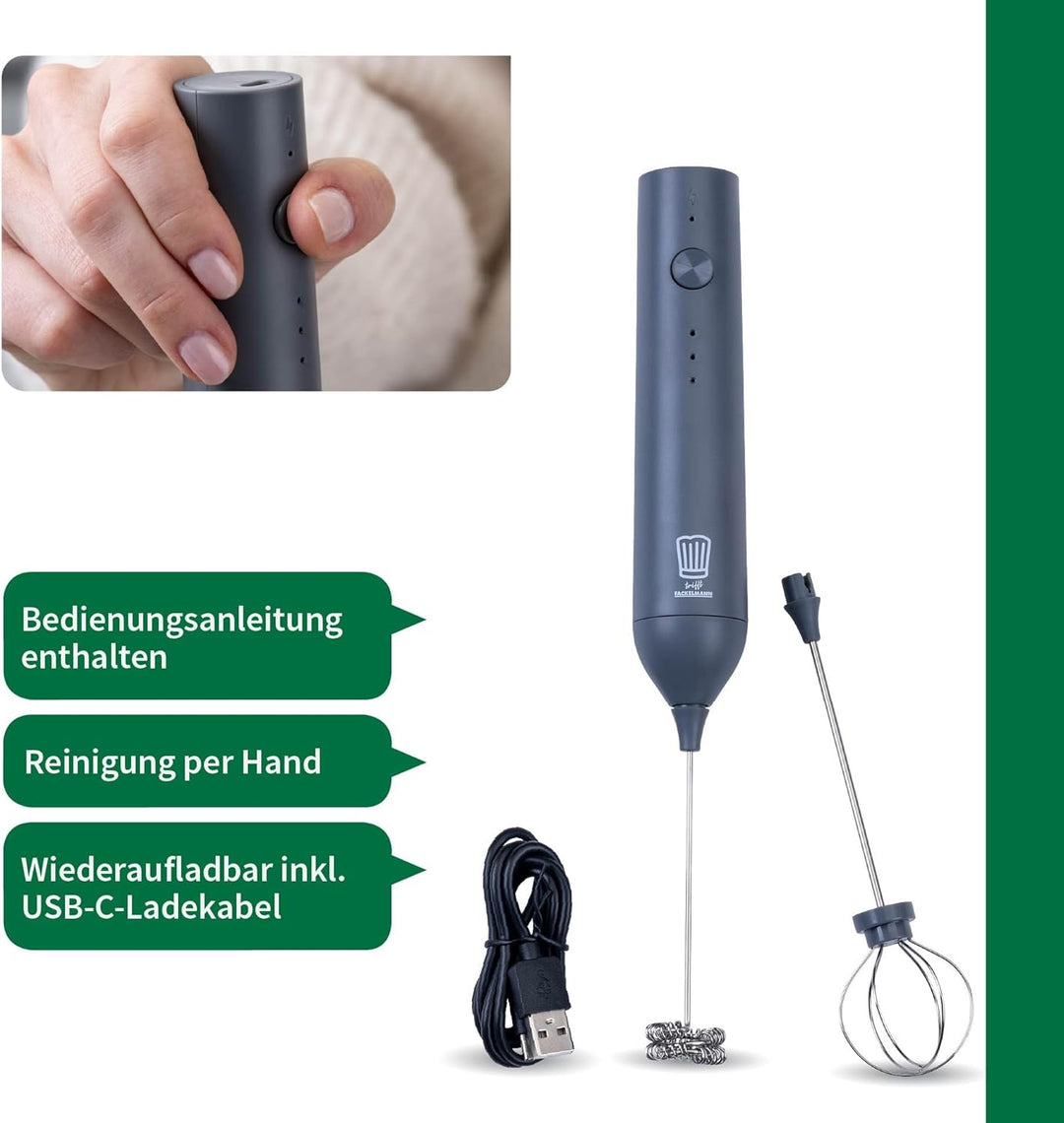 Chefkoch trifft Fackelmann Elektrischer Milchaufschäumer – inkl. 2 Schneebesen, USB-C wiederaufladba