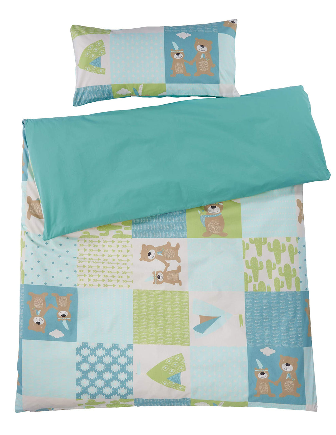 Bio Kinderbettwäsche 100% Bio-Baumwolle (kbA) GOTS zertifiziert, Patchwork Bär, 100 x 135 cm / 40 x