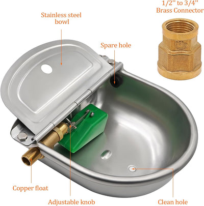 Automatischer Wassernapf aus Edelstahl mit Messingventilschwimmer, Messinganschluss und Ablassschrau