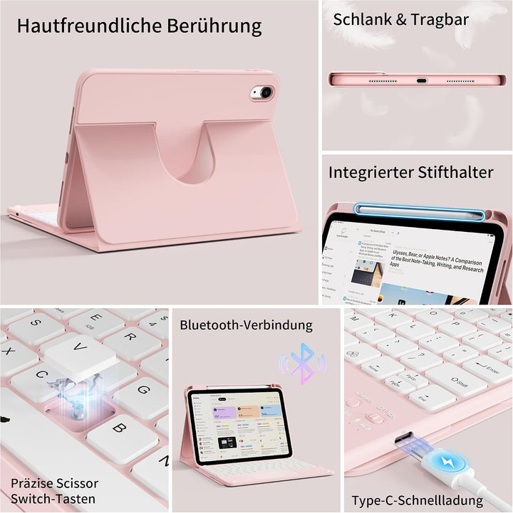 Hülle mit Tastatur für iPad A16 11/10 Generation mit Touchpad, Rosa | 360° Hülle mit Standfunktion,