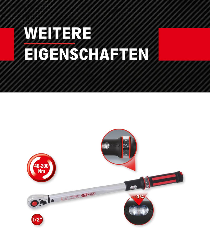 KS Tools Ratschen Drehmomentschlüssel 1/2 Zoll ERGOTORQUEprecision 516.6542 I 40-200 Nm I Mit Doppel