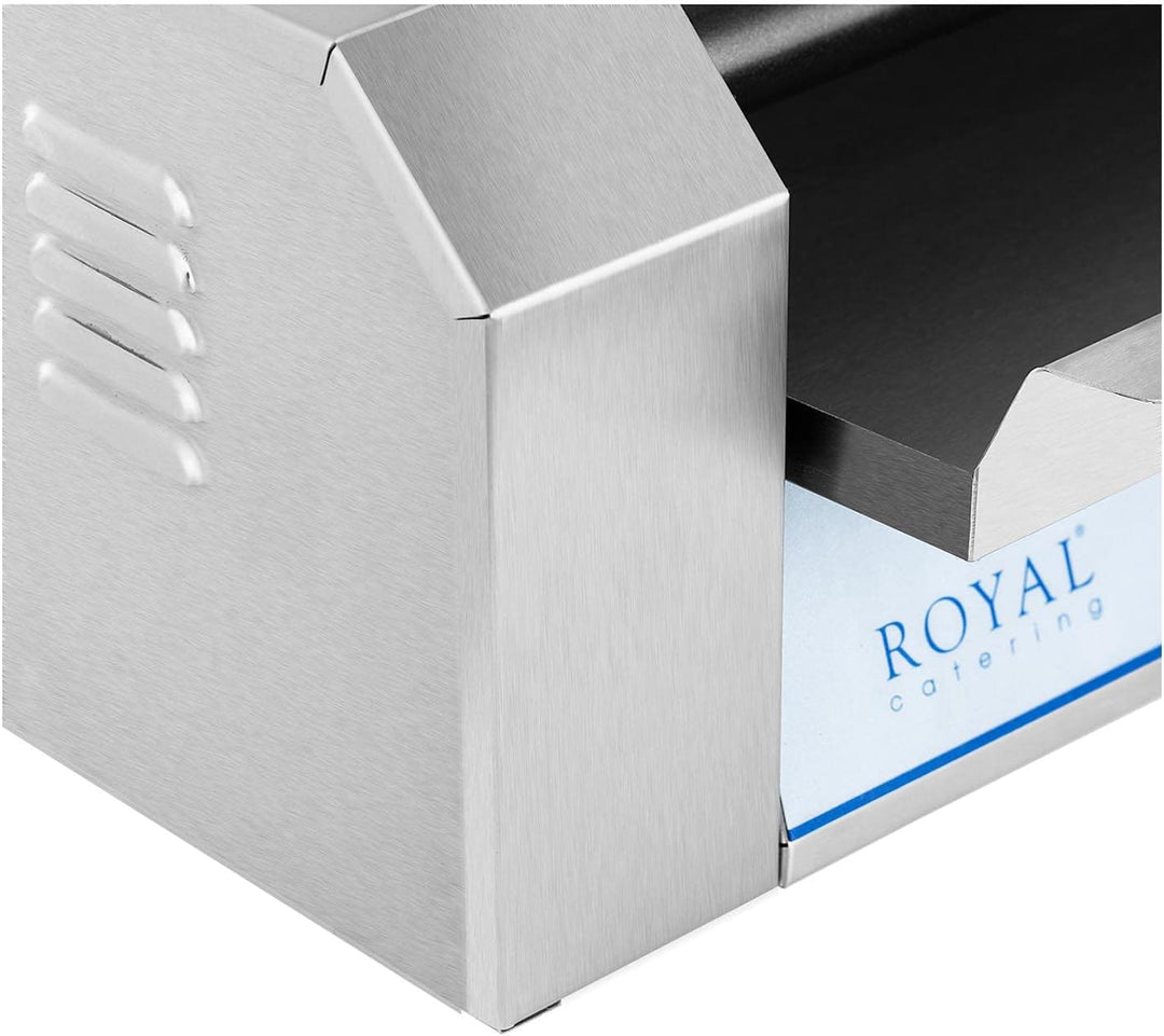 Royal Catering Hot Dog Grill - 7 Rollen, 12 Würstchen, Teflonbeschichtet, 1400 W, 2 Heizzonen, Edels