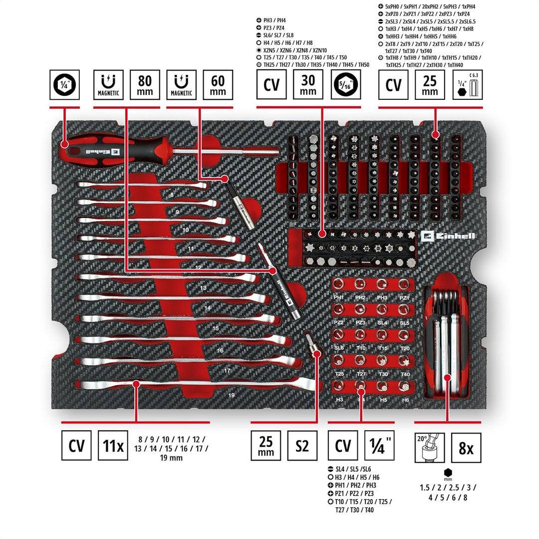 Original Einhell Werkzeugkoffer Mechanik E-Case 201-tlg. (Allrounder, Bit-Zubehör, Stecknuss-Set, Um