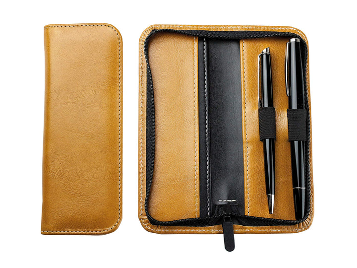 DELMON VARONE - Personalisierbares Schreibgeräteetui aus Vintage Anilin Leder braun, Echtleder Stift