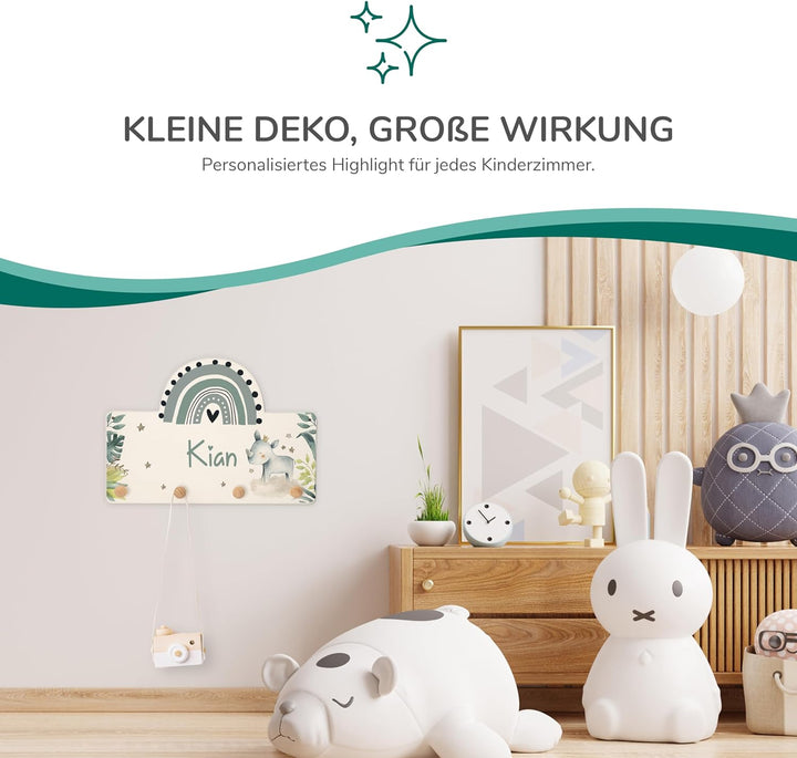 KIDSMOOD Personalisierte Wand-Garderobe mit Wunschnamen, Kleiderhaken aus Holz mit süssem Tier-Motiv