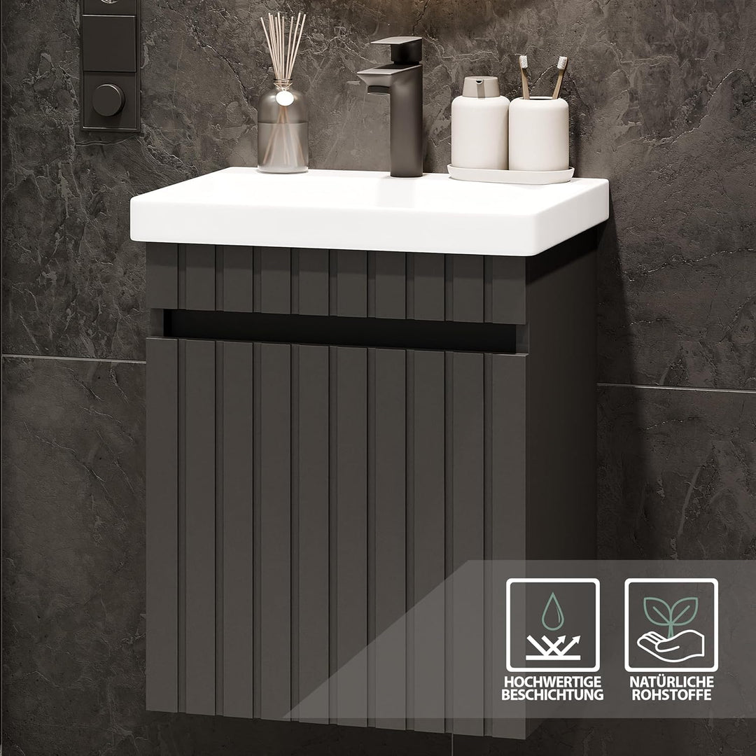 Planetmöbel Cosmia Badmöbel Set Waschbecken mit Unterschrank 50 x 60 x 35 cm Anthrazit, Spiegel mit