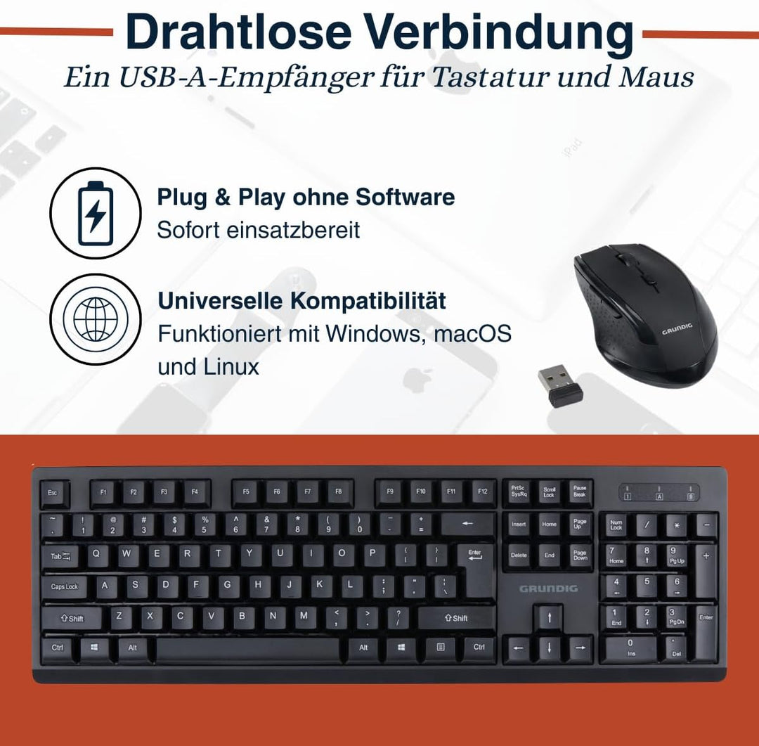 Grundig Kabelloses Tastatur- und Maus-Set - QWERTY mit 104 Tasten - Computermaus mit 3 DPI-Stufen -