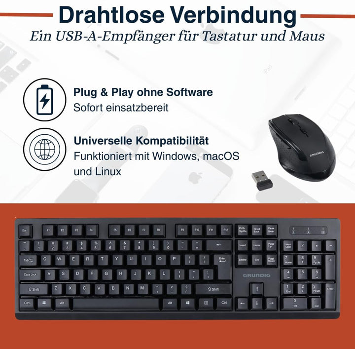 Grundig Kabelloses Tastatur- und Maus-Set - QWERTY mit 104 Tasten - Computermaus mit 3 DPI-Stufen -