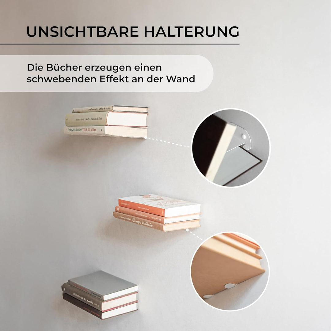 MILUKA Unsichtbares Bücherregal Wand | 3er Set Wandregal weiss für Bücher von 15 cm | Schwebendes Bü