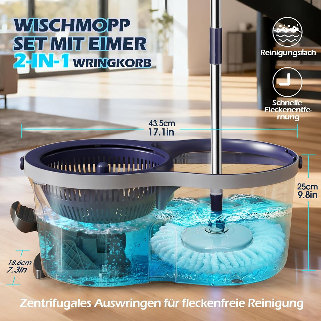 Masthome Wischmopp Set mit Eimer, 2-in-1 Putzeimer mit Wischmop,Extra 3 Mikrofaser-Pads,Wischer mit
