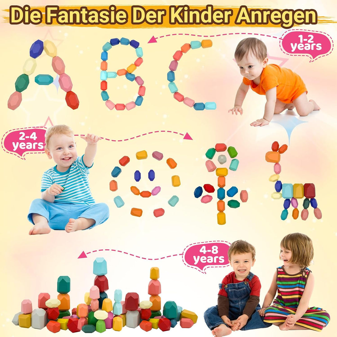 RunHero 39 Stück Stapelsteine Balanciersteine Montessori Holz Bauklötze Spielzeug für Kinder Stapelt