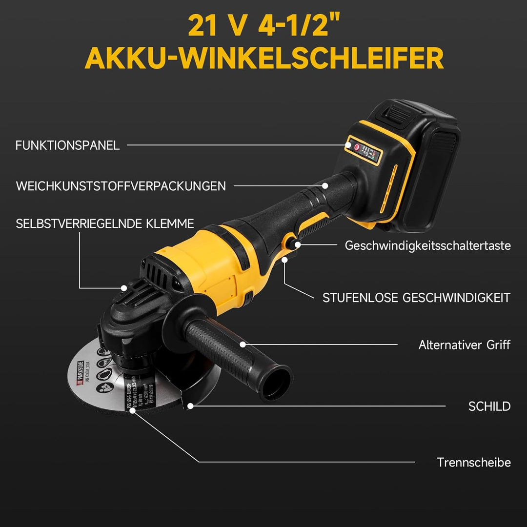 21V Akku-Winkelschleifer mit bürstenlosem Motor, inklusive Akku und Ladegerät, 125-mm-Trennscheiben