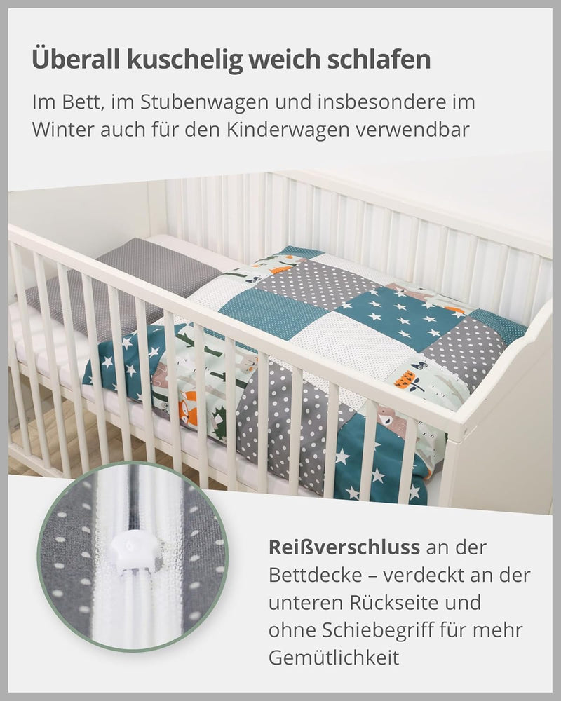 ULLENBOOM ® Baby Bettwäsche aus 100% Baumwolle (OEKO-TEX), 80x80 cm Waldtiere Petrol - 2-teilig (Set
