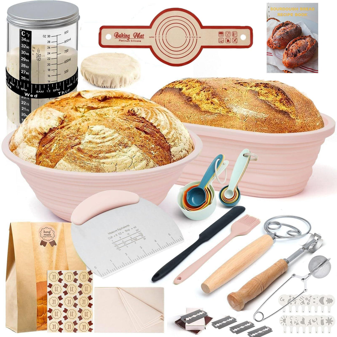Sauerteig Starter Set 18-teilig mit 900ml Sauerteig Glas, klappbaren Silikon-Gärkörbchen (25cm Oval
