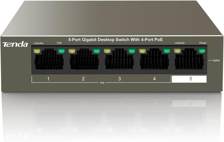 Tenda Gigabit PoE Switch 5 Ports mit 4 PoE+ Ports & 1 Uplink-Port (58W, VLAN, IEEE-802.3af/at PoE, l