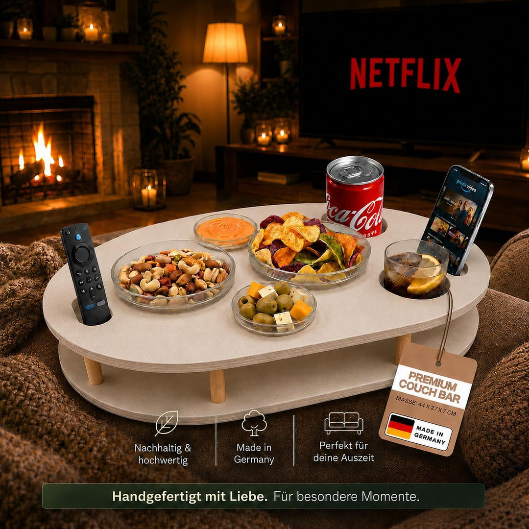 Couchbar Snackbox in weiss mit 4 Glasschalen - Sofabar für Snacks und Getränke - Getränkehalter für