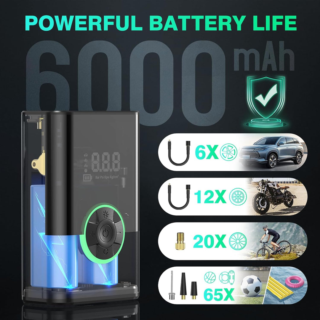 6000mAh Tragbare Elektronische Luftpumpe,150PSI Fahrradpumpe Elektrisch, Akku Kabelloser Tragbarer L
