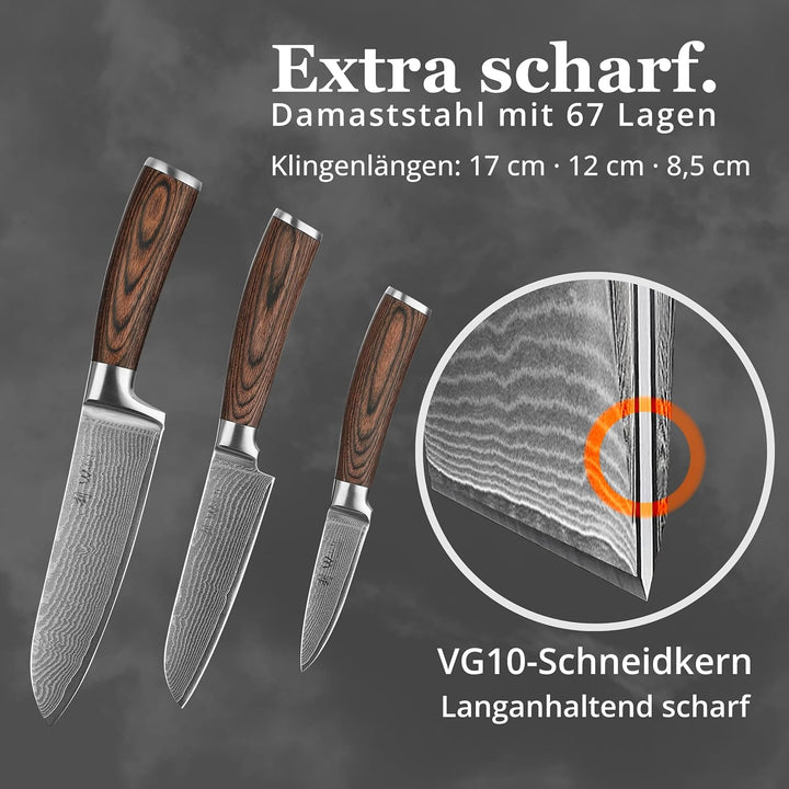 Wakoli Akazien Messerblock und 3er Damastmesser-Set mit Klingenlängen von 8,50cm bis 17,00cm extrem